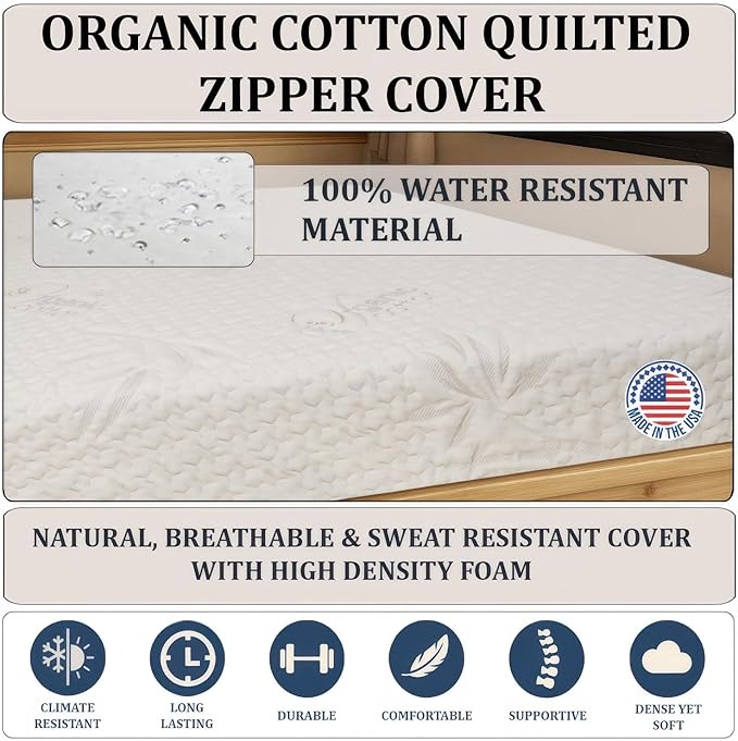 Foamma 8” x 30” x 75” Truck, Camper, RV High-Density Bunk Mattress, Organic Cotton Cover, Made in USA, Comfortable, Travel Trailer, CertiPUR-US Certified
