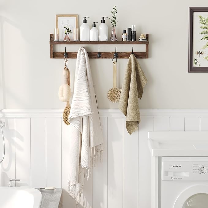 AMBIRD 28.9 Inch Length Shelf with Hooks Entryway Coat Rack Wall Mount Wood Coat Hooks with Shelf Wall-Mounted Coat Hook Rack with 5 Dual Hooks for Bathroom, Living Room, Bedroom (Brown)