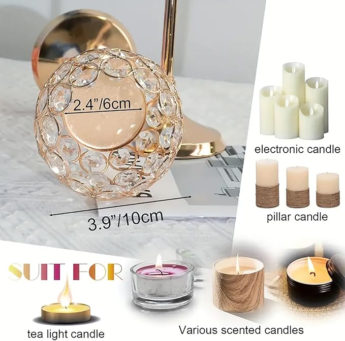VINCIGANT Gold Crystal Candle Holders Set of 2 for Fireplace Coffee Table Mantle Decor,Wedding Home Halloween Decoration Centerpieces