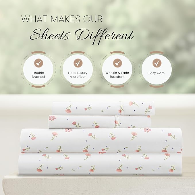 Linen Market 4 Piece Queen Sheet Set - Breathable, Double-Brushed Patterned Cooling Sheets – Oeko-TEX Certified Ultra Soft & Wrinkle-Free 16" Deep-Pocket Queen Sheets - Easy Care Soft Floral Pink