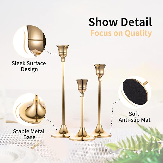 Candlestick Holders Taper Candle Holders, Set of 3 Candle Stick Holders Set, Brass Gold Candlestick Holder Set, Vintage Modern Decorative Centerpiece for Table Mantel Wedding Housewarming Gift