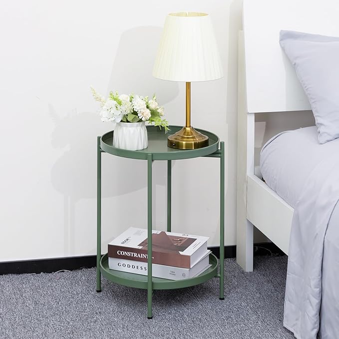 HollyHOME 2-Tier Round Side Table, Outdoor Small Folding Accent Stand with Removable Tray, Anti-Rust Metal Asional Table for Balcony Patio Living Room, Nightstand for Bedroom(Matcha Green)