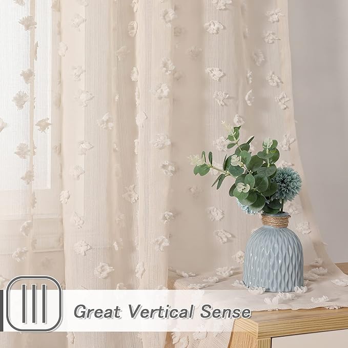MYSKY HOME Pom Pom Beige Sheer Curtains for Bedroom Girls Room Curtains 108 Inches Long for Nursery Kids Light Filtering Boho Window Drapes, Rod Pocket, 38" Wide, 2 Panels