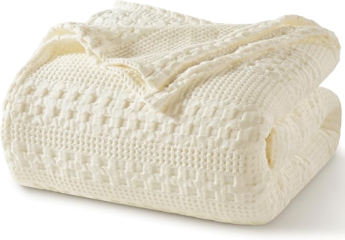 PHF 100% Cotton Waffle Weave Blanket Twin Size for Bed, Soft Lightweight & Breathable, All-Season Comfort, Luxury Aesthetic Woven Bedding for Home Decor, 66"x90", Cannoli Cream
