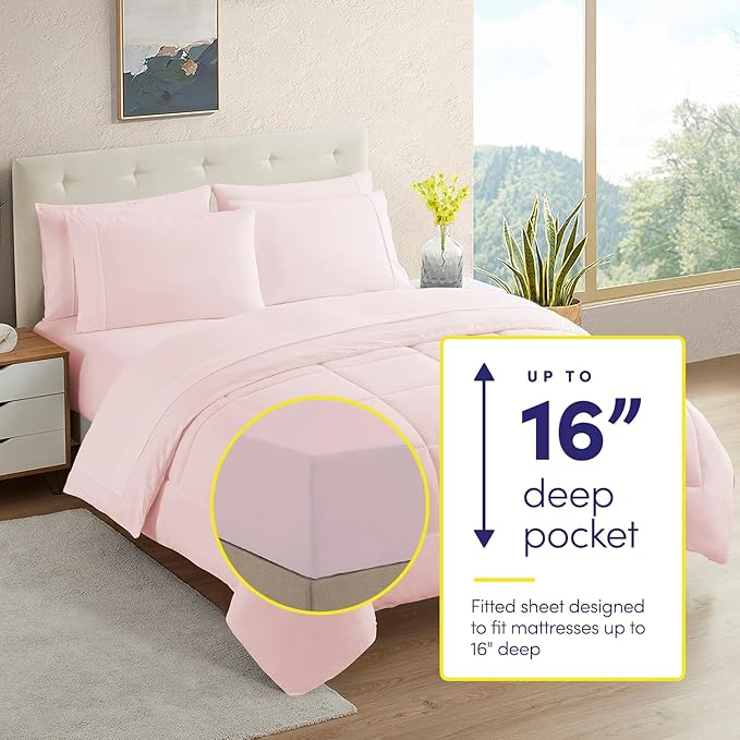 Sweet Home Collection 5 Piece Comforter Set Bag Solid Color All Season Soft Down Alternative Blanket & Luxurious Microfiber Bed Sheets, Pale Pink, Twin (Pack of 4)