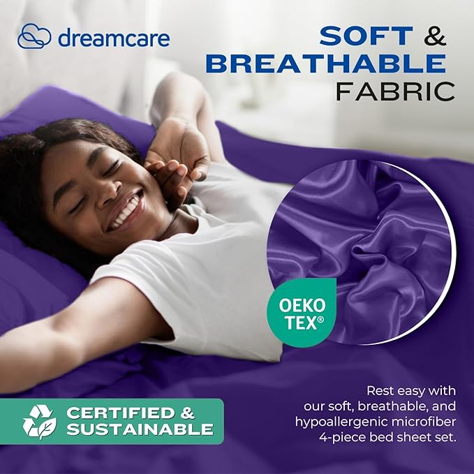 DREAMCARE Queen Size Sheets - Cooling Bed Sheets - 4pcs Set - up to 15" Deep Pocket Queen Sheet Set - Sheets Queen Size Bed - Soft & Long Lasting 100% Fine Brushed Polyester with Side Pocket -Purple