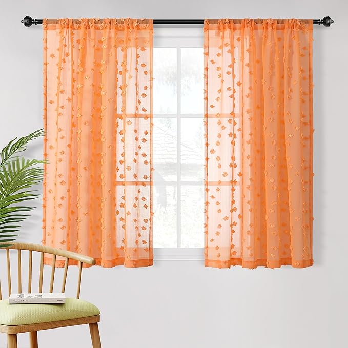 MYSKY HOME Orange Sheer Short Curtains with Pom Pom for Small Windows Bedroom Nursery Kids Girls Room Curtains Cafe Kitchen Light Filtering Boho Drapes, Rod Pocket,38 x 45 Inches, 2 Panels