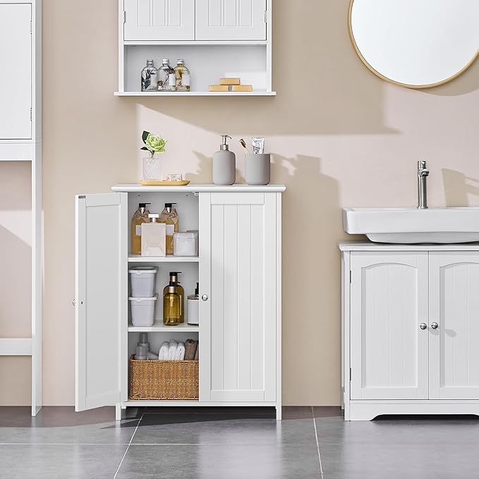 Yaheetech Bathroom Floor Cabinet, Modern Storage Freestanding Organizer Cabinet with Adjustable Shelves & Double Doors, 3-Tier Home Living Room Furniture, White
