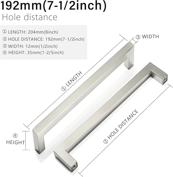 Cabinet Pulls Brushed Nickel Cabinet Handles Square Drawer Pulls, 50 Pack 7-1/2 Inch Stainless Steel Kitchen Door Cupboard Cabinet Handles, Cabinet Hardware Drawer Handles, 192mm Hole Centers