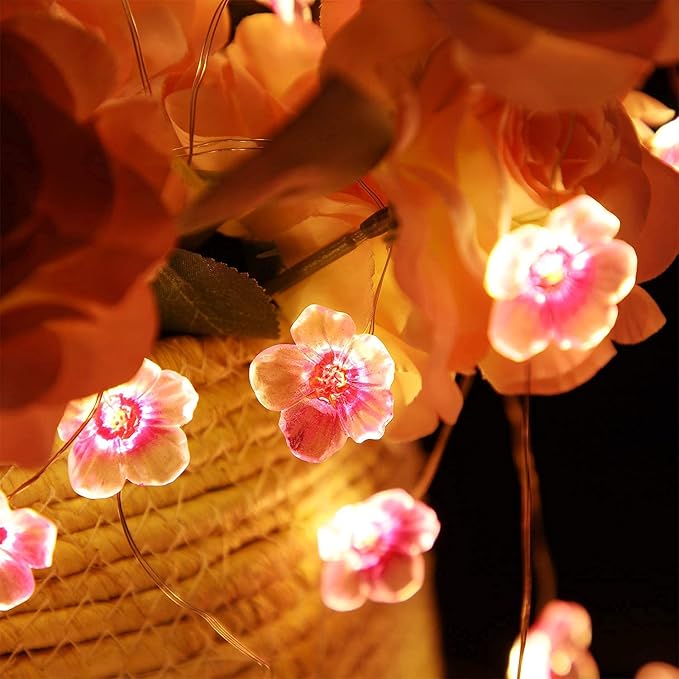 Mudder 13 FT 40 LEDs Cherry Blossom Flower String Lights for Bedroom, Pink Fairy Lights USB and Battery Operated Decorative String Lights Indoor Outdoor(1 Pack)