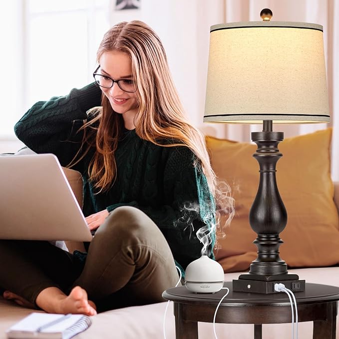 29" Tall Table Lamp for Living Room Set of 2,Farmhouse Vintage Bedside Nightstand Lamps with USB C+A Ports & AC Outlet,3-Way Dimmable Touch Control Retro Black Lamp for Bedroom,Color 5