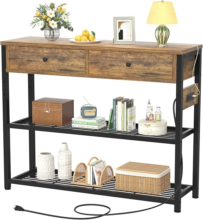 Ecoprsio Entryway Table with Outlets and USB Ports, Console Table with 2 Drawers, Small Sofa Table with Storage Shelves for Living Room, Couch, Hallway, Foyer, Kitchen Counter, 32'', Rustic