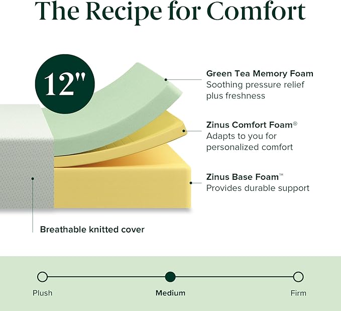 ZINUS 12 Inch California King Green Tea Memory Foam Mattress [New Version], Fiberglass free, Medium Firm Feel, Zoned Pressure Relief, Certified Safe Foams & Fabric, Mattress in A Box