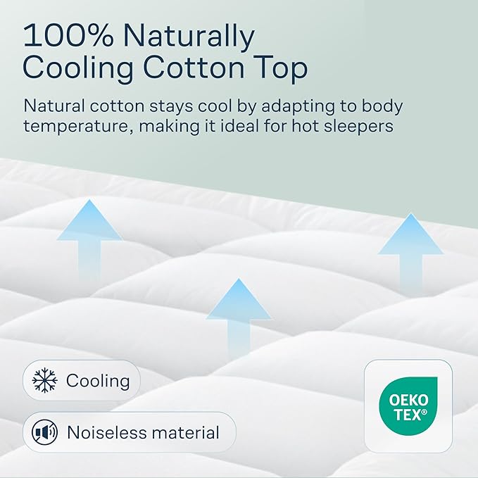 Cloud-Like California King Mattress Topper - 100% Cotton Top Mattress Pad for Back Pain Relief - Breathable & Naturally Cooling for Hot Sleepers, White