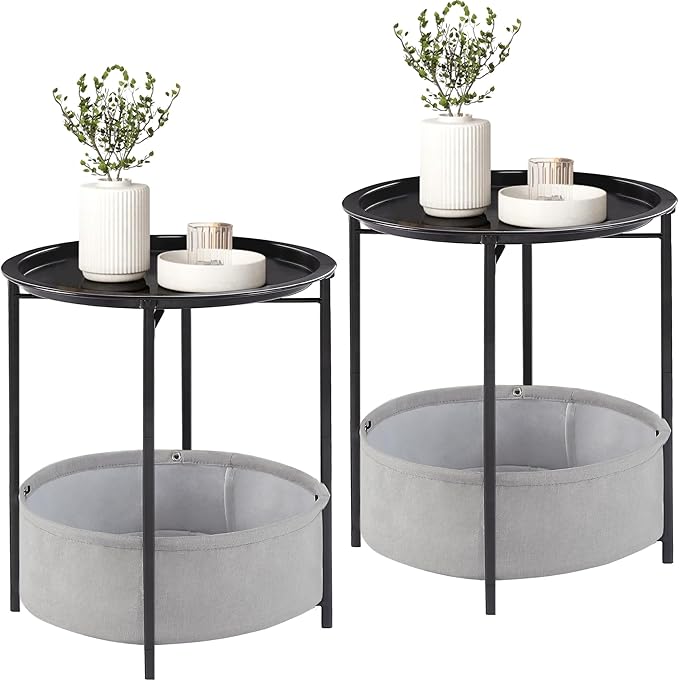 VECELO Round Side/End Table with Fabric Storage Basket，Metal Anti-Rust and Waterproof Small Bedside Nightstand with Removable Tray Top for Living Room，Balcony & Laundry，Black /2pcs with Basket