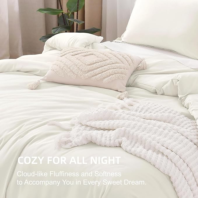 Litanika Oversized King Comforters Ivory Super King Size, 3 Pieces Lightweight Solid Bedding Comforter Set, All Season Fluffy Bed Set (120x120In Comforter & 2 Pillowcases)