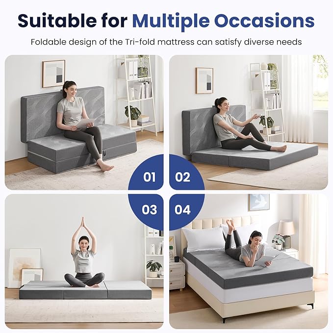 Foldable Mattress Single 6 inch -Portable Grey Memory Foam Folding Matress with Washable Cover for Camping Travel Guest Room Home Use-Non-Slip&Easy Storage