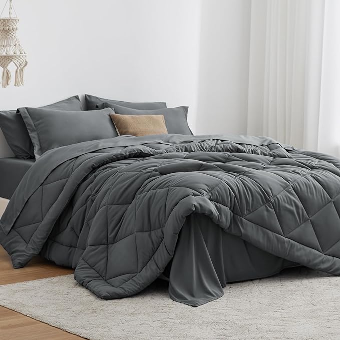 Love's cabin Queen Comforter Set Dark Grey, 7 Pieces Queen Bed in a Bag, All Season Bedding Sets with 1 Comforter, 1 Flat Sheet, 1 Fitted Sheet, 2 Pillowcase and 2 Pillow Sham