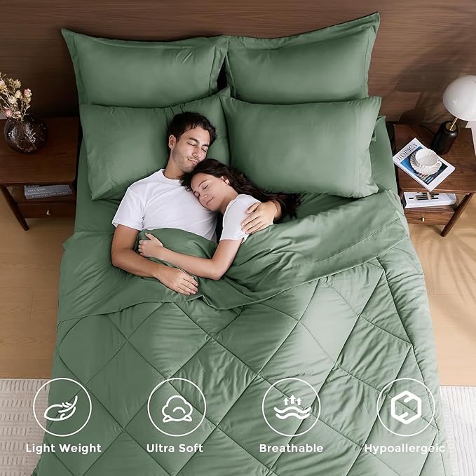 HEVUMYI Sage Green Queen Comforter Set - 7-Piece All Season Bed in a Bag Queen, Ultra Soft Bedding Set with Comforter, Flat Sheet, Fitted Sheet, Pillowcases, Pillow Shams, Sage Green