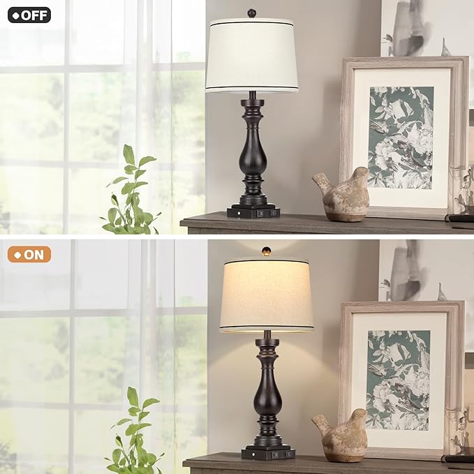 29" Tall Table Lamp for Living Room Set of 2,Farmhouse Vintage Bedside Nightstand Lamps with USB C+A Ports & AC Outlet,3-Way Dimmable Touch Control Retro Black Lamp for Bedroom,Color 5