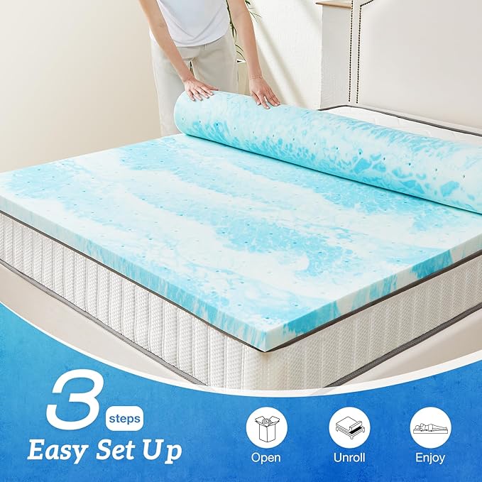 Sweetcrispy Mattress Topper California King, 3 Inch Thick Memory Foam Gel Infused Cooling Toppers Pad for Bed, Sleeper Sofa, RV, Camper, CertiPUR US Certified, Ventilated and Breathable