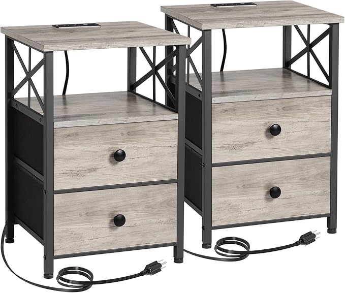 AMHANCIBLE Night Stand Set 2, Nightstand with Charging Station, End Tables Living Room with USB Ports and Outlets, Bedside Tables with Fabric Drawers for Bedroom, Greige HET05XGY