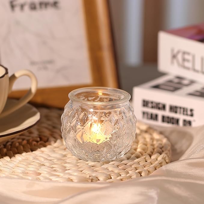 DARJEN 48Pcs Clear Votive Candle Holders - Round Candle Holder, Candle Holders Bulk for Tea Light Candle, Embossed Candle Votives for Wedding Centerpiece & Home Decor