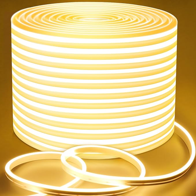 Lamomo Outdoor Neon Rope Lights, 49.2ft Warm White IP65 Waterproof Dimmable Led Strip Lights, 24V 3000K Silicone 1800 LEDs Neon Lights for Indoor, Outdoor, Balcony, Patio, Garden, Stairs