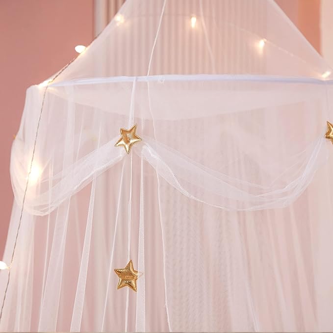 Bed Canopy with Lights for Girls,Gold Star Princess Crib Canopy Curtains,Extra Large Dome Mosquito Net Reading Nook Canopy for Kids Boys Twin Full Queen Size Bed,Fire Retardant Fabric