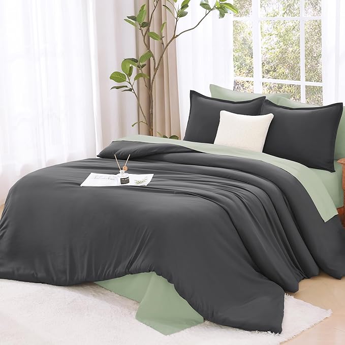 Litanika Grey Comforter Queen Size Set, Dark Gray Lightweight Plain Bedding Comforters Sets, All Season Fluffy Bed Set (90x90In Comforter & 2 Pillowcases)