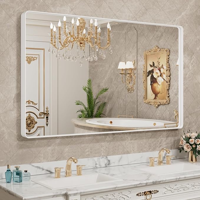 LOAAO 60x36 Inch White Metal Framed Bathroom Mirror for Wall, White Bathroom Vanity Mirror Farmhouse, Large Rounded Rectangle Mirror, Anti-Rust, Tempered Glass, Hangs Horizontally or Vertically