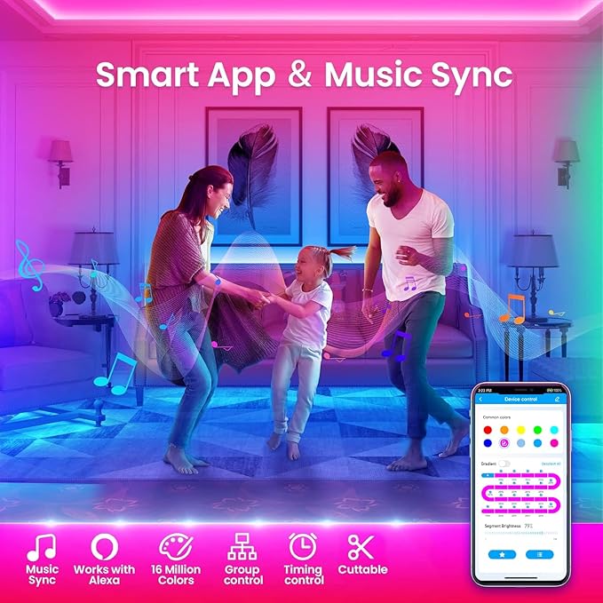 TJOY 100ft Smart Led Strip Lights for Bedroom, Work with Alexa, RGB Color Changing Music Sync Led Lights with App Remote,Multi-Color Wireless Led Strip Lighting for Bedroom (APP+Remote+Voice)