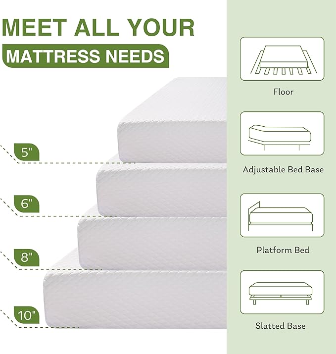 EGOHOME Twin XL Memory Foam Mattress, 8 Inch Bed Mattress in a Box with Cooling Green Tea Gel, Relieve Pressure with Medium Support, CertiPUR-US Certified, 80''L x 38''W, White