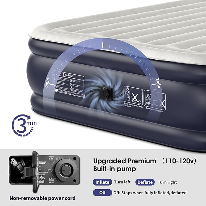 Air Mattress Queen with Built in Pump,18'' Inflatable Mattress of Vertical Beams,Self Inflatable/Deflation Blow Up Mattress in 3 Mins,Flocked Top Airbed with Carry Bag for Home, Camping