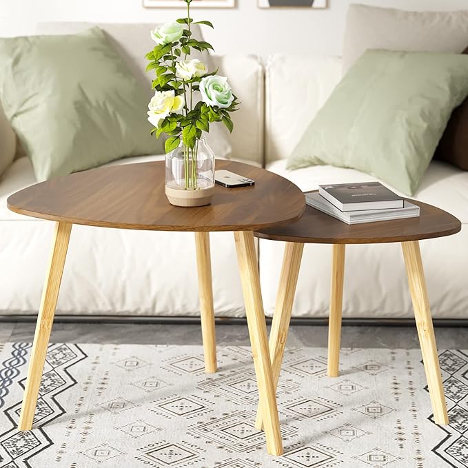 BAMEOS Bamboo Nesting Triangle End Table,Set of 2 Coffee Table Modern Minimalist Side Table for Living Room (Walunt)