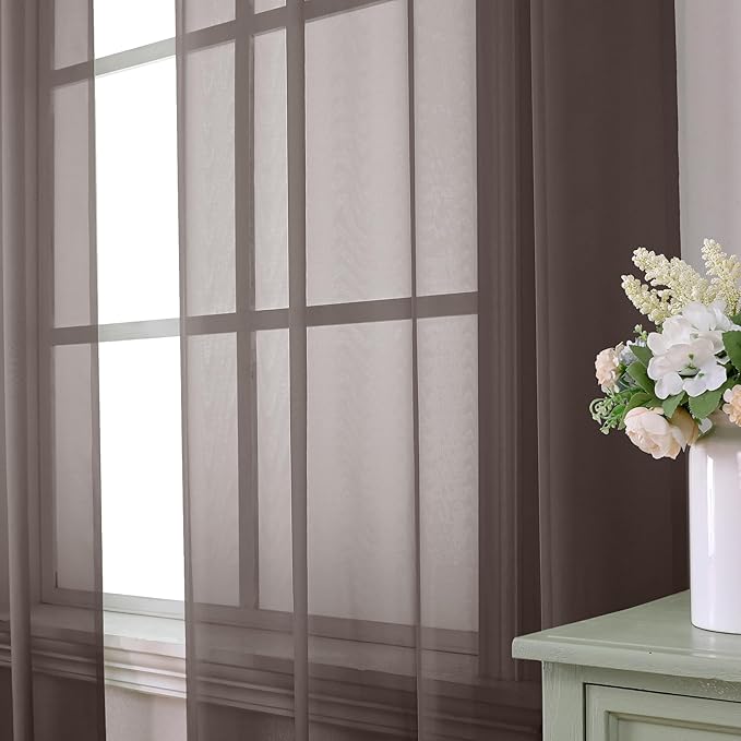 Aiyufeng Chocolate Sheer Curtains 63 Inches Long 2 Panels, Solid Voile Top Dual Rod Pockets Stylish Breathable Drapes Window Treatment for Kid's Room/Bedroom/Living Room, 40W x 63L, Chocolate Brown