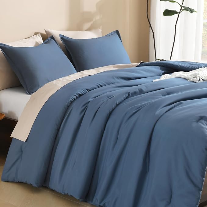 Litanika Haze Blue Comforters Oversized Queen Size, 3 Pieces Lightweight Solid Bedding Comforter Set, All Season Fluffy Bed Set (98x98In Comforter & 2 Pillowcases)
