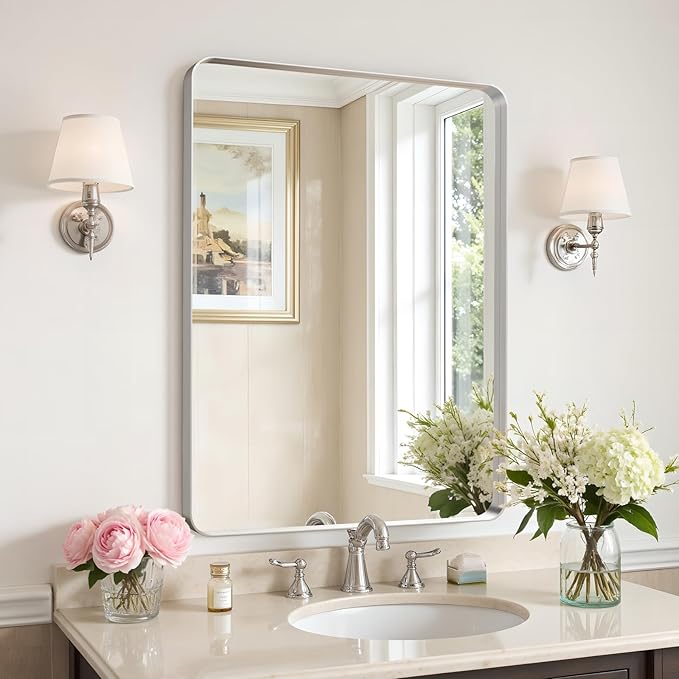 32x24"Bathroom Vanity Mirror for Wall, Aluminum Framed, Farmhouse Rectangle, Anti-Rust, HD Reflection Anti-Desilvering, Distortion Free, Tempered and Shatter-Proof Wall Mounted Mirror, Silver