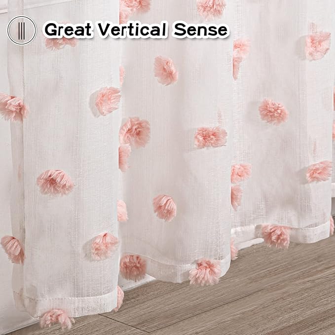 MYSKY HOME Short Curtains for Small Window 54 Inches Long Kitchen Pink Pom Pom Sheer for Bedroom Living Room Cafe Nursery Girls Kids Rod Pocket 2 Sets Boho Voile 37 x 54 in