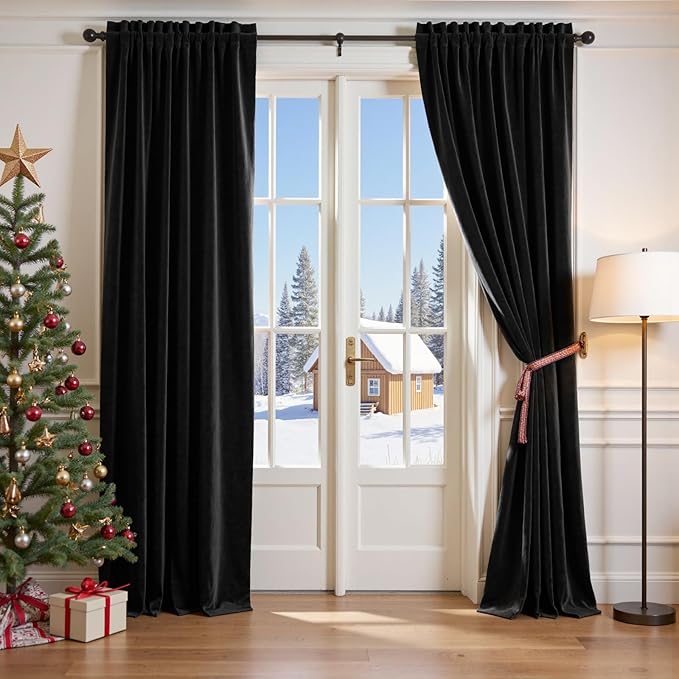 Lazzzy Velvet Blackout Curtains Thermal Insulated Room Window Drapes Super Soft Luxury Curtains for Living Room Bedroom Rod Pocket 2 Panels, Black, 42" W x 90" L