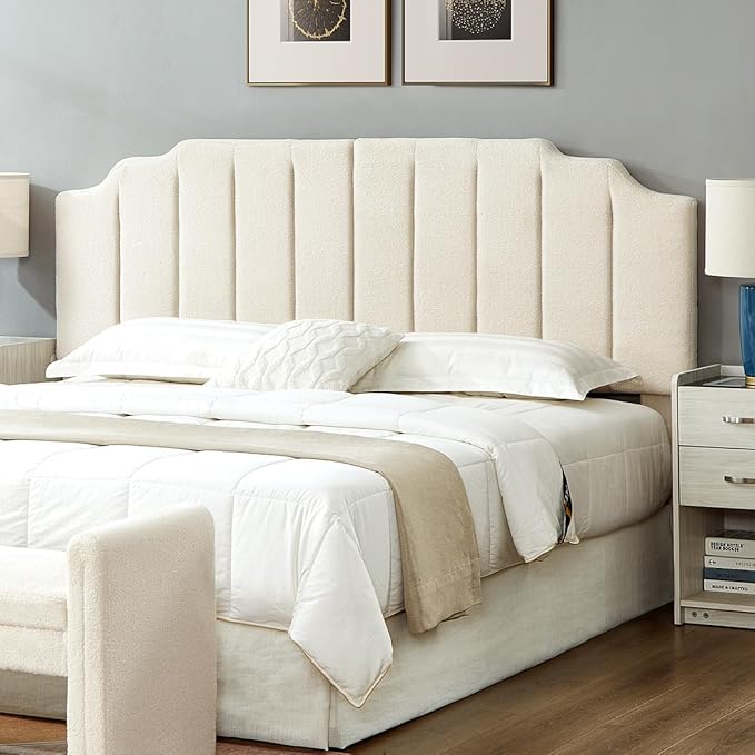 24KF Cream Teddy Fabric Tufted King Upholstered Headboard, Modern Vertical Channel Design California King Headboard with Stepped Silhouette Top Edge,6026-K-Teddy Cream