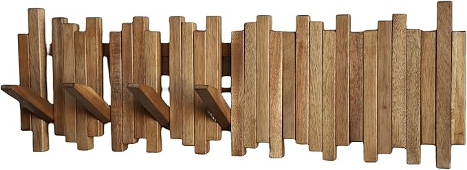 Natural Wood Wall Mounted Piano Coat Rack| Coat Rack Wall Mount| Flip Down Wall Hook Rack 7 Hooks| Entryway Wall Art Hook,Made of Acacia Wood (Wood Wax Oil staining Light Brown).