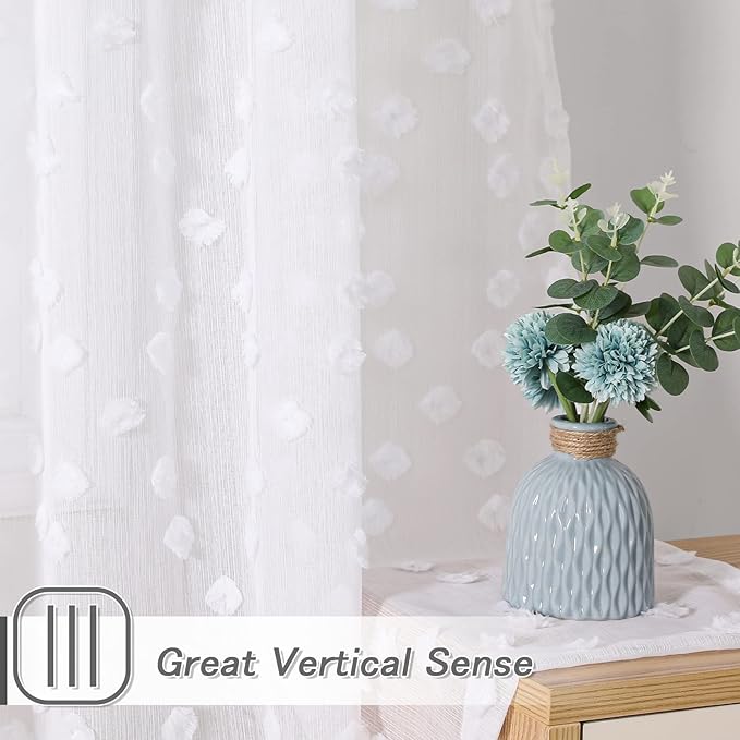 MYSKY HOME Pom Pom White Sheer Curtains for Bedroom Girls Room Curtains for Nursery Kids Light Filtering Boho Window Drapes, Rod Pocket, 52 x 95 Inches, 2 Panels