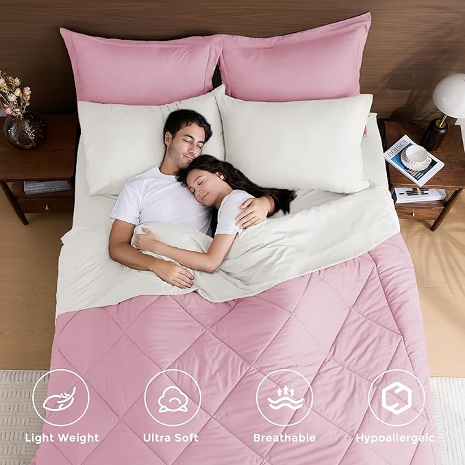 HEVUMYI Full Comforter Set - 7-Piece All Season Bed in a Bag Full, Ultra Soft Bedding Set with Comforter, Flat Sheet, Fitted Sheet, Pillowcases, Pillow Shams, Pink & Ivory