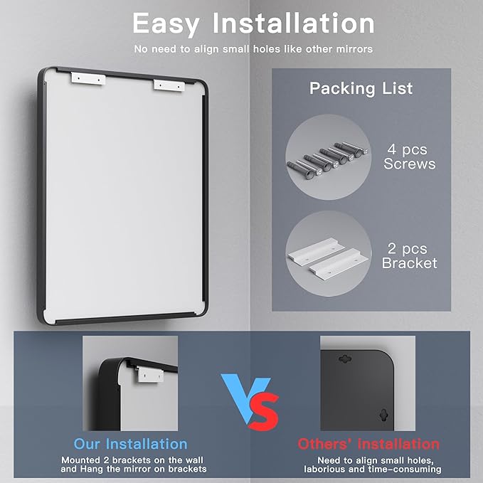 ISKM Silver Framed Mirror for Wal Bathroom Mirror for Wall 48" x 40" Matte Framed Vanity Mirror Anti-Rust, Tempered Glass, Rounded Rectangle Mirror(Horizontal/Vertical)