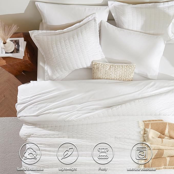 CozyLux Twin Comforter Set with Sheets 5 Pieces, White Seersucker Textured Bed in a Bag for Girls, Luxury Soft Bedding Set with Down Alternative Comforter, Sheets, Pillowcases & Shams for All Seasons