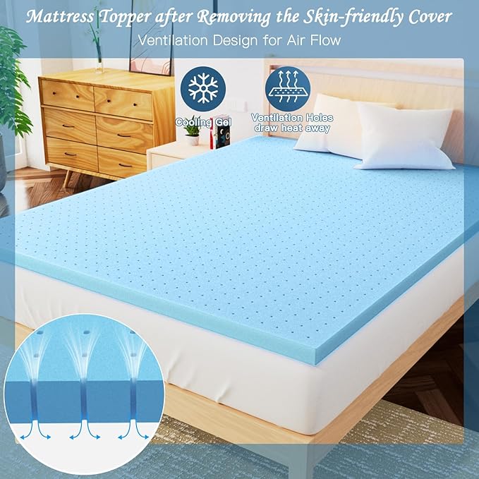 Airensky Queen Mattress Topper, Cooling Gel Infused Memory Foam Topper with Removable Skin-Friendly Cover, Bed Topper for Pressure Relief Back Pain, CertiPUR-US Certified, 2 Inch, 60"x80"