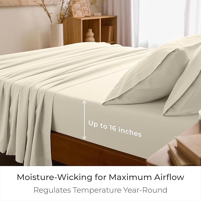 Mellanni Queen Sheets Set - 4 PC Iconic Collection Bedding - Hotel Luxury, Extra Soft, Cooling Bed Sheets - Wrinkle, Fade, Stain Resistant (Queen, Golden Ivory)
