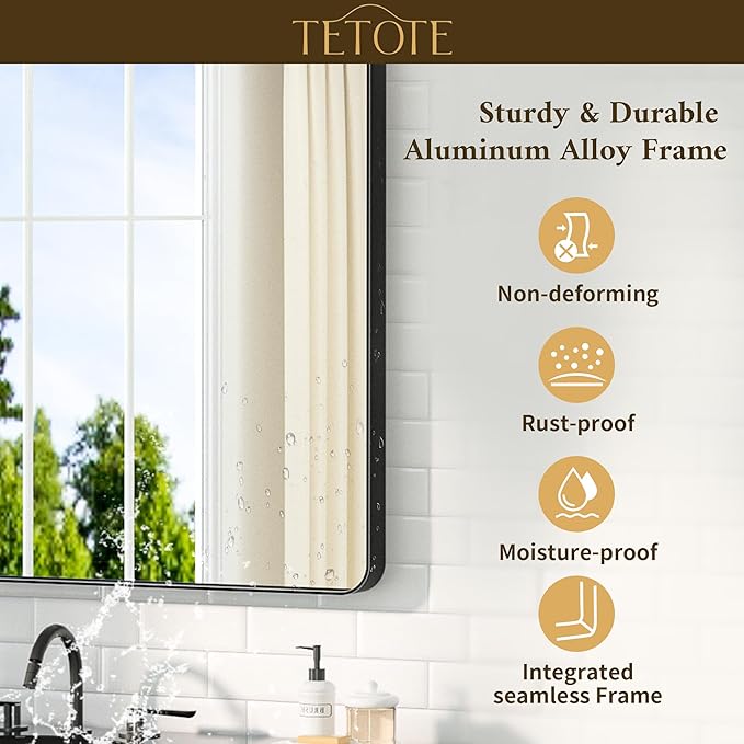 TETOTE 48 x 36 Black Mirror Large Matte Black Bathroom Mirror, Tempered Glass, Wall Mounted for Bathroom, Entryway, Bedroom, Living Room(Horizontal/Vertical)