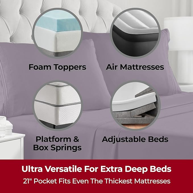 Mellanni Extra Deep California King Sheets - 4 PC Iconic Collection Bedding - Hotel Luxury, Ultra Soft, Cooling Bed Sheets - Wrinkle, Fade, Stain Resistant (Cal King, Purple)
